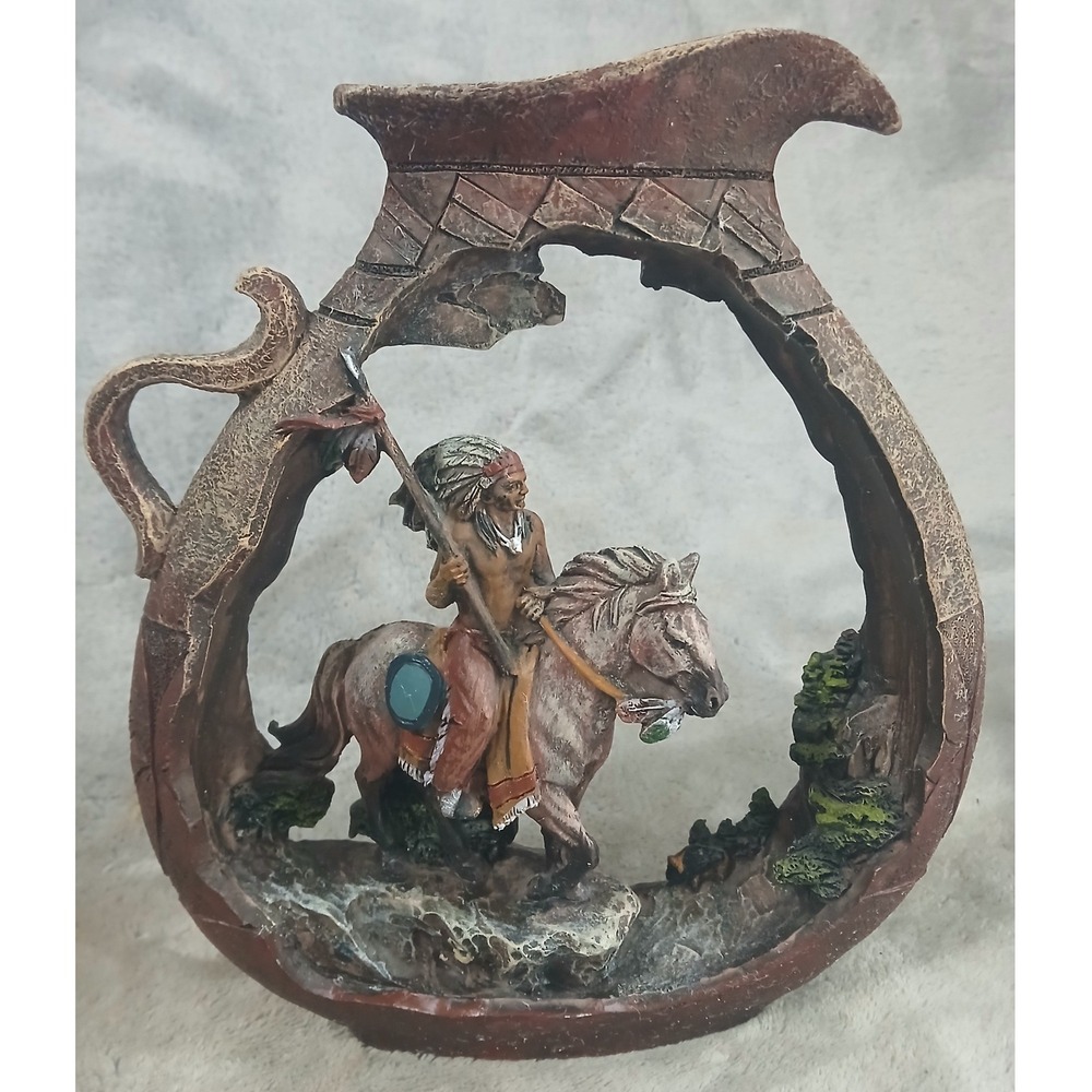 Native American Warrior Horse Sculpture Resin Faux Pottery Jug Southwestern Deco